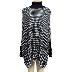 Joseph A Black White Houndstooth Turtleneck Long Sleeve‎ Poncho Copper Buttons